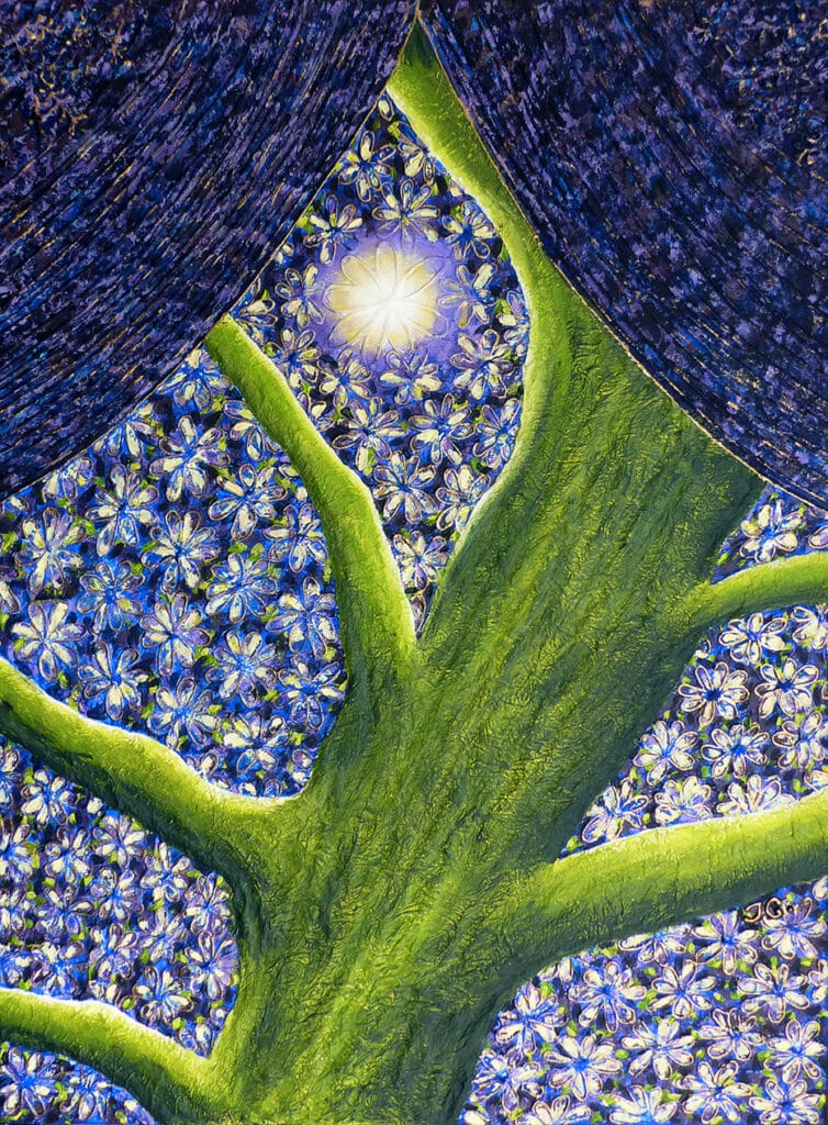 tableau bas-relief art contemporain de l'artiste peintre basque Tiphanie Canada arbre vert fond bleu fleuri