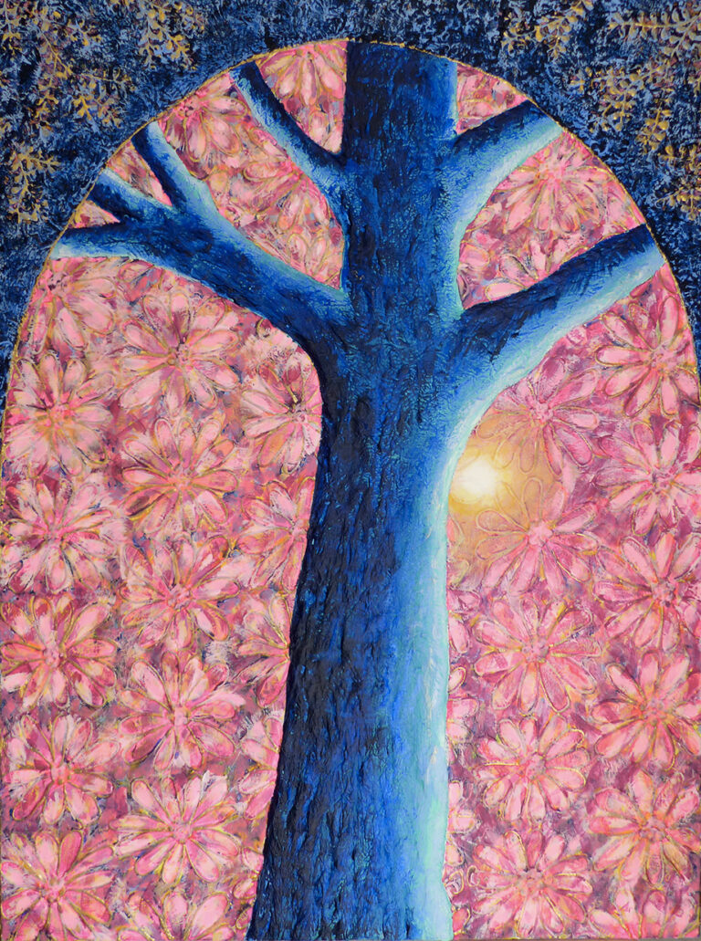 tableau bas-relief art contemporain de l'artiste peintre basque Tiphanie Canada arbre bleu fond rose fleuri