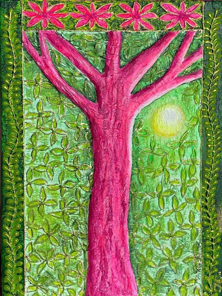 tableau bas-relief art contemporain de l'artiste peintre basque Tiphanie Canada arbre rose fond vert motifs et lumière