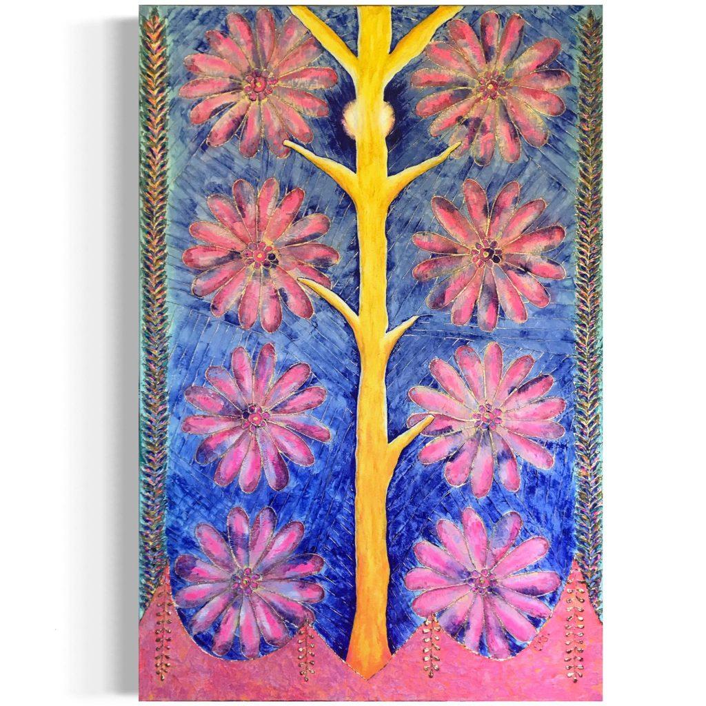 tableau bas-relief art contemporain de l'artiste peintre basque Tiphanie Canada arbre jaune fond abstrait fleurs rose et motifs colonnes végétales dorures