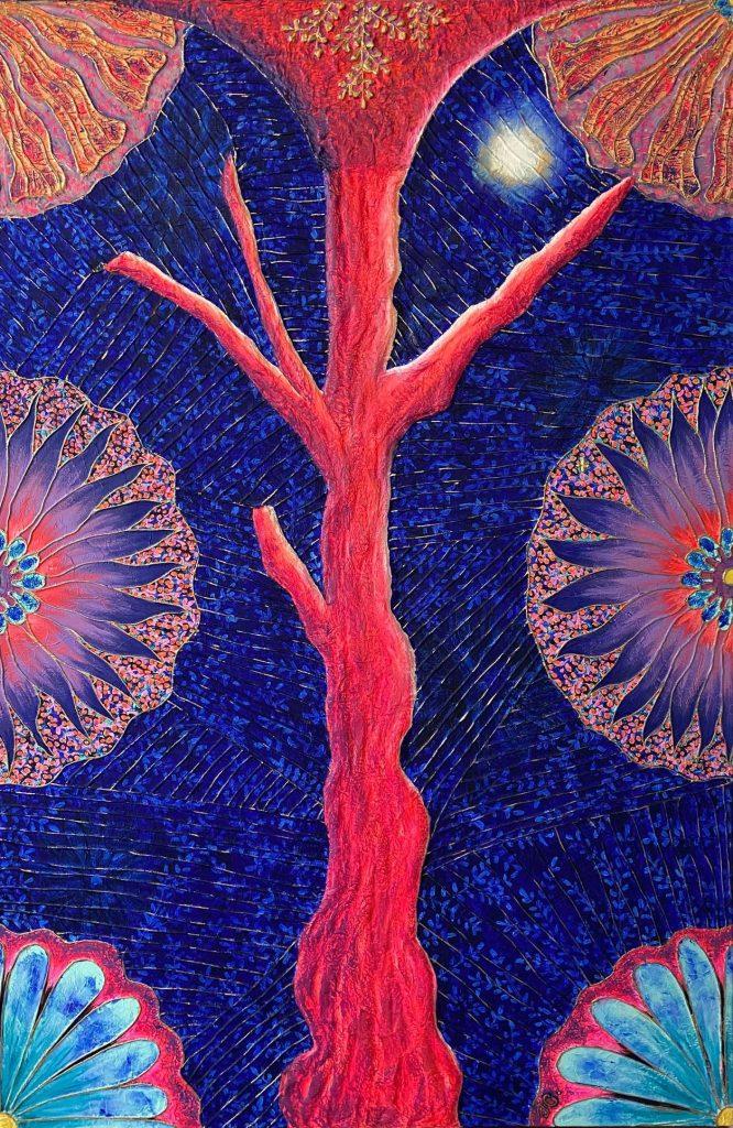 tableau bas-relief art contemporain de l'artiste peintre basque Tiphanie Canada arbre orange mystique fond bleu abstrait mandalas