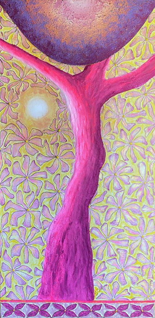 tableau bas-relief art contemporain de l'artiste peintre basque Tiphanie Canada arbre rose mouvement mystique fond fleuri abstrait soleil