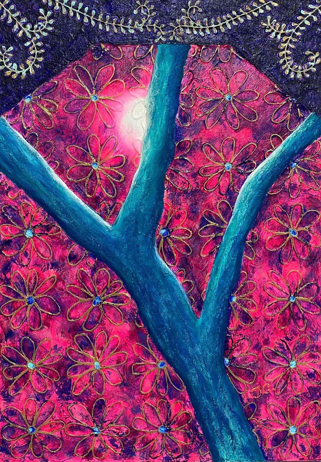 tableau bas-relief art contemporain de l'artiste peintre basque Tiphanie Canada arbre turquoise fond abstrait fleuri rose motifs dorés