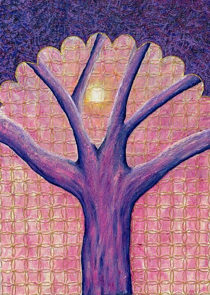 tableau bas-relief art contemporain de l'artiste peintre basque Tiphanie Canada arbre violet fond abstrait rose motifs dorés arche orientale