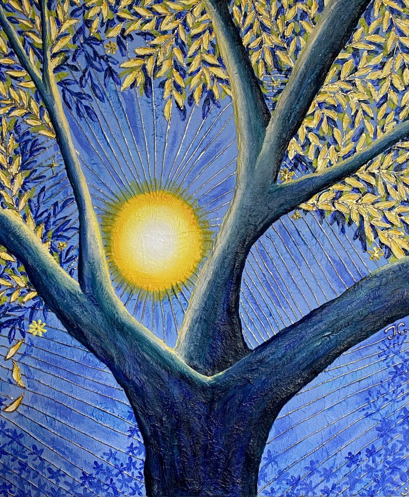 tableau bas-relief contemporain de l'artiste basque Tiphanie Canada arbre bleu feuillage et lumière jaune