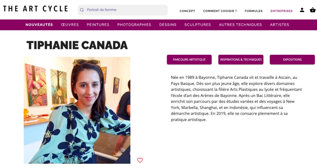 Nouvelle collaboration artistique : portrait Tiphanie Canada sur la page web de The art cycle pour la nouvelle collaboration 2025