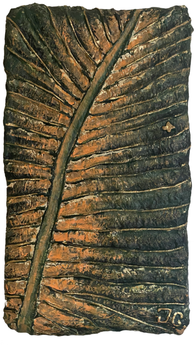 Tableau "Feuille verte et orange, nervures or"